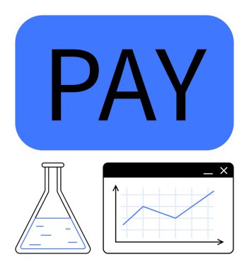 Minimalist laboratuvar matarası ve yükselen çizelge penceresinin üstünde cesur Ödeme metni. Finans, veri analizi, laboratuvar yatırımı, ekonomik büyüme, yenilik, konsept planlaması için ideal, düz basit metafor