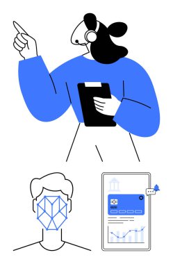 Müşteri hizmetleri görevlisi elinde bir dosya, yüzünde yüz tanıma programı ve tablet üzerinde bankacılık uygulaması olan bir kulaklık takıyor. AI, güvenlik, teknoloji, fintech, yenilik, müşteri hizmetleri için ideal
