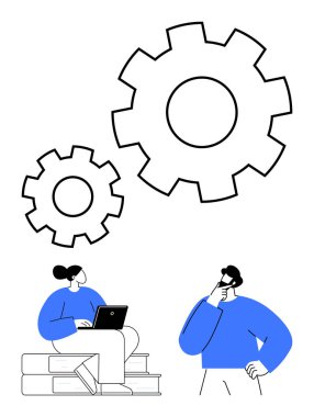 Büyük vitesler süreci ve takım çalışmasını sembolize eder. Dizüstü bilgisayarı olan oturan bir kadın ayakta düşünen bir adamla işbirliği yapıyor. Yenilik, işbirliği, problem çözme, takım çalışması, beyin fırtınası için ideal.