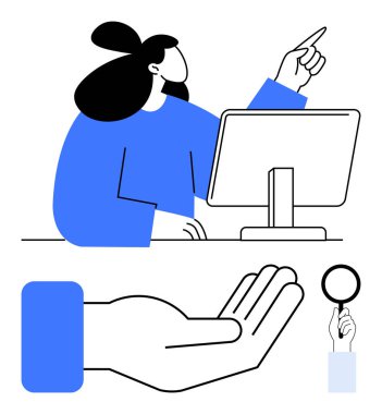 Kadın bilgisayarda çalışırken işaret ediyor, destek için elini uzatıyor, büyüteç odaklanmayı öneriyor. Rehberlik, analiz, takım çalışması, yardım, teknoloji öğrenme koçluğu için ideal. Düz basit