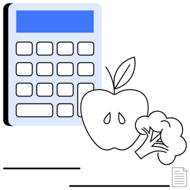 Yemek ve hesaplama arasında hesap makinesi, elma ve brokoli vurgu dengesi. Sağlık, beslenme, diyet planlaması, yemek bütçesi, eğitim, sağlıklı yaşam için ideal basit bir metafor