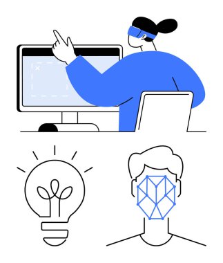 Perde ile sanal gerçeklik kulaklığı kullanan kişi, bitkiyi sembolize eden ampul, yapay zekayı tanıyan geometrik yüz deseni. AI, VR, eko-teknoloji ve gelecek için ideal.