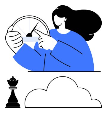 Kadın hız göstergesi, kara satranç taşı ve bulut vurgusu stratejisi, büyüme, karar verme, yenilik ve bağlantıyı ayarlar. Teknoloji, analitik ve liderlik planlaması için ideal