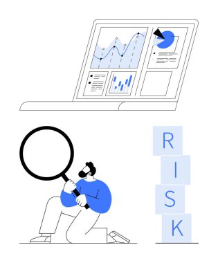 İş adamı risk kavramını büyüteçle inceliyor. Yakın laptopta analitik çizelgeler var. Risk yönetimi, iş analizi, veri incelemesi, sorun çözme, strateji ve izleme için ideal