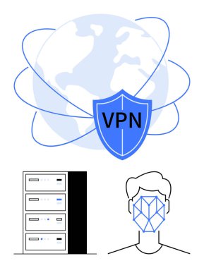 Dünya üzerinde VPN ile kalkan güvenli küresel ağı temsil ediyor. Sunucu rafı ve yüz tanıma dahil. Siber güvenlik, gizlilik, veri koruması, yapay zeka entegrasyonu ve dijital iletişim için ideal