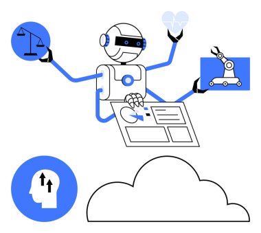 Veri analizi, sağlık, hukuk ve endüstriyel otomasyon da dahil olmak üzere yapay zekanın çok yönlülüğünü sembolize eden bulut üzerindeki insan robotlar. Teknoloji, yapay zeka ve hukuk için ideal.