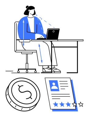 Bilgisayarında ergonomik oturma düzeniyle çalışan bir kadın para gösteren bir dolar ve iş performansı değerlendirmesini gösteren bir not kağıdı. İş, finans, insan kaynakları ve verimlilik için ideal
