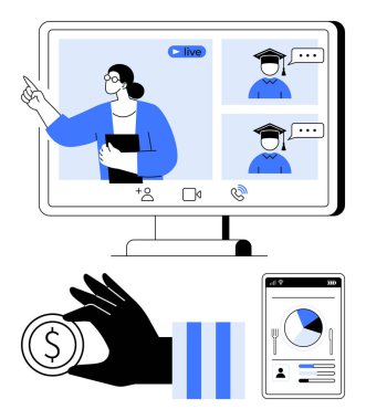Öğretmen ekranda öğrenci sohbet arayüzü ile talimat veriyor, el ele tutuşmak ödemeyi sembolize ediyor, mobil uygulama analitik gösteriyor. Eğitim, finans, e-öğrenim, iletişim, eğitim için ideal