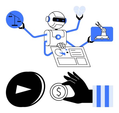 Robotun elinde yasalar, kalp, robot kol, veri analizi. Altında bozuk para ve oyun durdurma düğmeleri var. Teknoloji, otomasyon, yenilik, iş akışı verileri sağlık hizmetlerini finanse etmek için idealdir. Düz