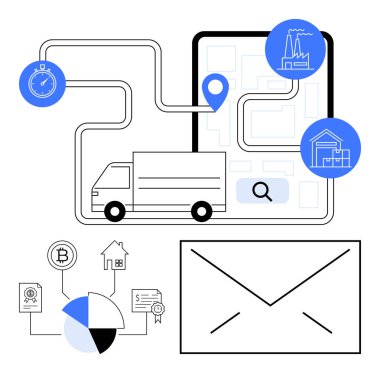 Fabrika, ev simgeleri ve zamanlayıcıyla haritadan geçen bir kamyon. Grafik, Bitcoin, bağlantı ticaret ve lojistik sertifikaları. Teslimat, engelleme zinciri, ticari işlem analizleri için ideal
