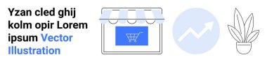 Alışveriş arabası ikonu, daire şeklinde büyüme grafiği ve dekoratif saksı bitkisi olan bir mağaza önü. E-ticaret, iş büyümesi, pazarlama, perakende, analitik, girişimcilik sahanlığı için ideal