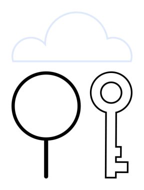 Bulut, büyüteç ve anahtar keşif, erişim ve korumayı temsil ediyor. Siber güvenlik, veri analizi, bulut hesaplama, dijital erişim çevrimiçi güvenlik şifreleme dairesi için ideal