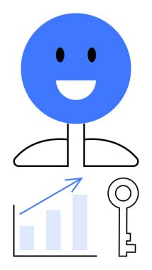 Gülümseyen mavi yüz, minimalist vücut, yukarı doğru çizelge ve büyümeyi, başarıyı, başarıyı ve yeni fırsatları simgeleyen anahtar. İş için ideal, kişisel büyüme, eğitim girişimciliği