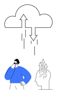Oklar, düşünceli bir adamla veri transferini ve strateji, yenilik, teknoloji, bulut hesaplama, veri, problem çözme, düz metafor için ideal bir kafadan gelen soyut okları temsil ediyor.