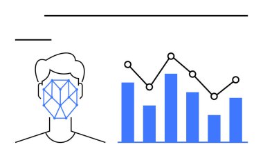 Geometrik ağa, bar tablosuna ve veri analizini, teknoloji entegrasyonunu ve dijital eğilimleri gösteren çizgi grafiğine sahip insan yüzü. Yapay zeka, biyometri, araştırma, teknolojik yenilik sektörü için ideal
