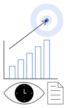 Yukarıdan hedefe ok, gözün içindeki saat ve doküman çizelgesi. Başarı, üretkenlik, odaklanma, strateji, hedef belirleme analitik zaman yönetimi için idealdir. Soyut çizgi düz metafor