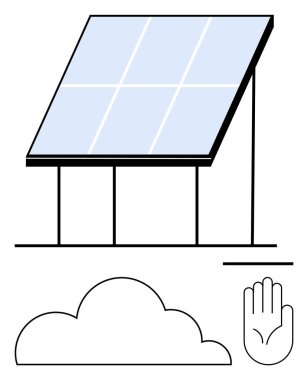 Güneş paneli ayakta eğilmiş, bir bulut ve sürdürülebilirliği simgeleyen bir el kaldırılmış. Enerji, çevre, yeşil teknoloji, temiz enerji savunuculuğu, farkındalık kampanyaları, çevre dostu