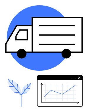 Çevre dostu temalı teslimat kamyonu, yükselen büyüme grafiği ve sürdürülebilirliği sembolize eden yaprak. Lojistik, sürdürülebilirlik, eko-ticaret, taşımacılık, veri büyümesi, verimlilik düzlemi için ideal basit