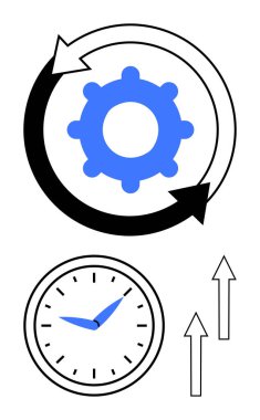 İşlem optimizasyonunu sembolize eden iki okla çevrelenmiş bir saat ve yukarı doğru oklarla eşleştirilmiş. Çalışma akışı, verimlilik, verimlilik, zamanlama, planlama, zaman yönetimi, ilerleme için ideal
