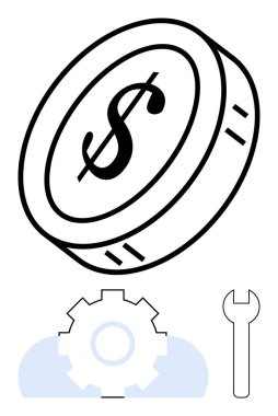 Bir dişlinin üzerinde dolar işareti yüzen bozuk para, finansal araçları simgeliyor, ekonomik yönetim, maliyet optimizasyonu. İş, finans, yatırım, planlama, strateji üretkenliği için ideal