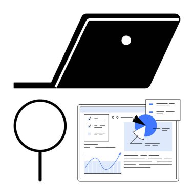 Soyut dizüstü bilgisayar, büyüteç ve detaylı ekran sunumları, analiz ve grafikler. Teknoloji, iş dünyası, araştırma, veri analizi verimlilik stratejisi ve görselleştirme için ideal