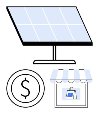 Güneş paneli enerji üretiyor, ekonomik değer için dolar işareti ve sürdürülebilir çevrimiçi işi sembolize ediyor. Enerji, teknoloji, e-ticaret, finans, sürdürülebilirlik ve yenilik için ideal