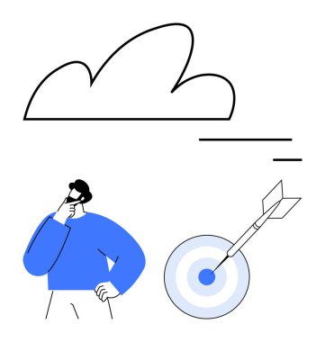 Eller çenede, bulutlar üzerinde, ok hedefi vururken düşünen bir adam. Hedef belirleme, strateji, planlama, problem çözme, beyin fırtınası, fikir yeniliği için idealdir.