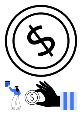 Siyah dolar madeni para, el sıkışan küçük para, mali durumu hesap makinesiyle inceleyen kadın. Para, finans, bütçe, tasarruf ve yatırım ekonomisi için ideal. Düz basit metafor