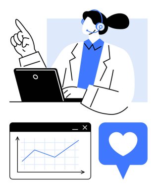 Dizüstü bilgisayar üzerinde çalışırken kulaklık takan bir profesyonel. İlerlemeyi sembolize eden grafik simgesi ve müşteri memnuniyeti için bir kalp ikonu içerir. Destek, müşteri hizmetleri ve iletişim için ideal