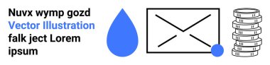 Metin bloğu, mavi su damlası, noktalı zarf, bozuk para yığını. Teknoloji, sürdürülebilirlik, finans, iletişim, ekosistem e-posta sistemleri için ideal basit iniş sayfası
