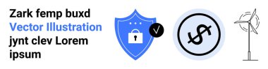 Asma kilitli bir kalkan, işaret, daire şeklinde dolar işareti ve rüzgar türbini. Güvenlik, finans, yenilenebilir enerji, sürdürülebilirlik, güven maliyeti kontrolü için ideal basit bir iniş sayfası