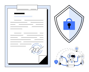 İmzalı dijital belge, kilit içeren kalkan simgesi ve veri yönetimine yardım eden robot. Siber güvenlik, veri gizliliği, dijital imza, otomasyon, teknolojik koruma için ideal