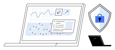 Bilgisayar ekranında, kilidi olan bir siber güvenlik kalkanının yanında gösterilen grafikler ve veri tabloları. Veri analizi, güvenlik, teknoloji, iş zekası, İnternet güvenliği ve mahremiyet için ideal
