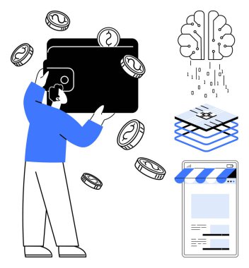 Bozukluklar havada süzülürken dijital cüzdan tutan adam, finans tasviri, yenilik için yapay zeka, güvenlik için zincir katmanları ve e-ticaret uygulama paneli. Fintech, AI, engelleme zinciri, çevrimiçi için ideal