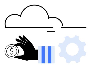 Elleri vites ve bulut hatlarının yanında para tutuyor, bulut teknolojisini, otomasyonu ve finansal yönetimi simgeliyor. Finans, SaaS, bulut hesaplama, yönetim, başlangıç fintech yeniliği için ideal