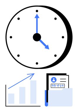 Oklu saat yüz, büyümeyi gösteren çubuk grafik ve organizasyonu simgeleyen bir belge klasörü. Üretkenlik, zaman izleme, verimlilik, planlama, başarı, hedef belirleme veri analizi için ideal