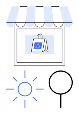 Vitrinde geri dönüşüm sembolü olan bir alışveriş torbası çizgili tentenin altında, büyüteç, parlak güneş. Çevre ticareti, sürdürülebilirlik, çevrimiçi alışveriş, çevre bilinci, arama için ideal