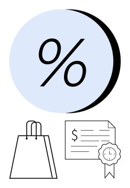 Çemberin içindeki yüzde işareti, aşağıdaki alışveriş çantası dolar işareti ve kurdeleli belge. Satış promosyonları, indirimler, e-ticaret, perakende alışveriş, sertifikalar, mali işlemler için ideal