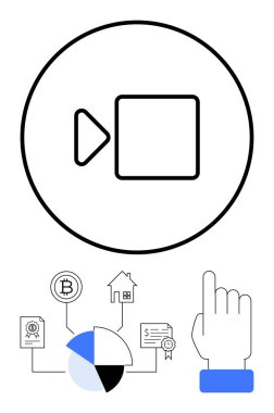 Yukarıdaki ögelerin üzerinde oynat düğmesi ve görüntü simgesi turta grafiğini, işaret eden eli, engelleme zincirini, sözleşmeyi ve evi işaret ediyor. Engelleme zinciri, finans, gayrimenkul, medya analitik eğitimi için ideal modern