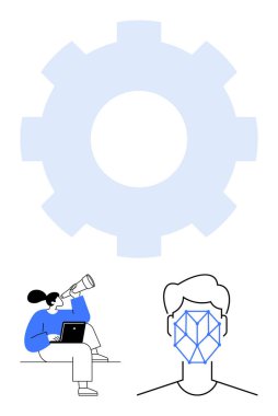 Dişliler teknolojiyi sembolize ediyor, yapay zeka için insan yüzü örgüsü, teleskopla yenilikleri keşfeden kadın. Yapay zeka, teknoloji, araştırma, yaratıcılık, keşif takım çalışması için idealdir. Düz basit