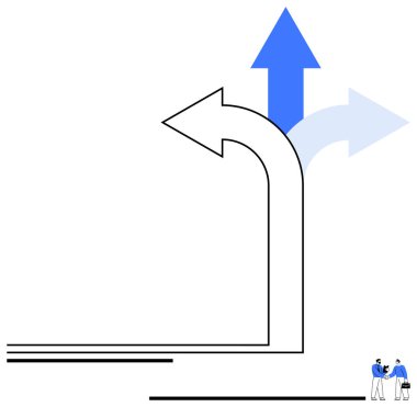 Üç yöne bakan oklar seçenekleri, büyümeyi sembolize eder. Tartışan iki kişi işbirliği ve karar verme sürecini temsil ediyor. Strateji, navigasyon, liderlik, büyüme ve takım çalışması için ideal başarı