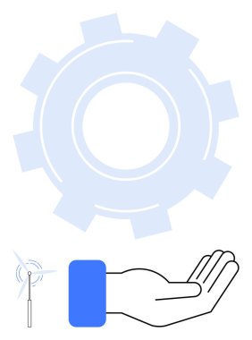 Rüzgar türbini ve teçhizatı altında uzanan el yenilenebilir enerji, yenilik ve sürdürülebilirliği sembolize ediyor. Teknoloji için ideal, temiz enerji, destek, yenilik, eko-dostluk sosyal