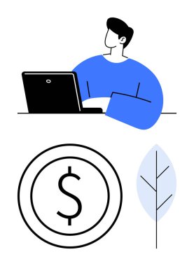 Masasında dizüstü bilgisayarı, bozuk para sembolü ve soyut yaprağı olan biri var. Finans, uzaktan çalışma, eko-ticaret, tasarruf, büyüme yeniliği ve yaratıcı ekonomi için idealdir. Temiz düz basit metafor