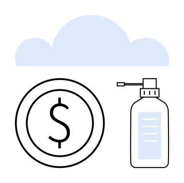 Dolar madeni para ekonomiyi simgeler, dezenfektan sağlığı simgeler, bulut ipuçları veri depolamayı simgeler. Finans, sağlık, teknoloji, uzaktan çalışma, hijyen farkındalığı, dijital hizmetler için ideal