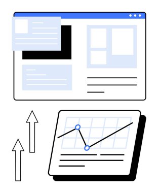 İçerik düzenine sahip tarayıcı penceresi ve yukarı doğru oklu etkileşimli grafik. İş stratejisi, analitik, performans, büyüme, planlama, araştırma sunumu, veri içgörüsü için ideal. Düz basit