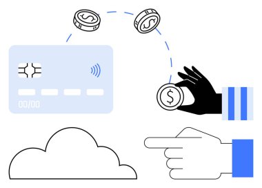 El ele tutuşan bozuk paralar, bulut elementli bir kartvizite transfer ediliyor. Banka, finans, e-ticaret, bulut teknolojisi, dijital ödeme, fintech ve işlemler için ideal. Düz basit