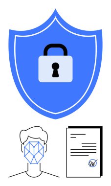 Koruma için asma kilidi olan mavi kalkan, yüz taraması için yüz taraması, onaylanmış belge. Siber güvenlik, gizlilik, güvenli erişim, biyometreler, dolandırıcılığı önleme, kimlik doğrulama için ideal