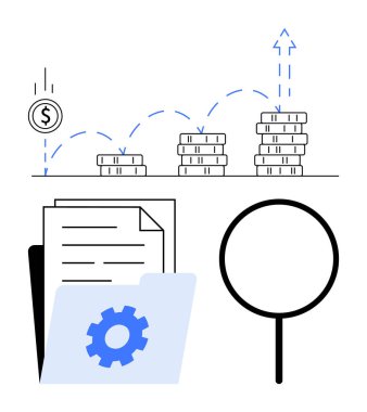 Yükselen madeni paralar, veri yönetimini temsil eden dişli sembollü klasör ve araştırmayı sembolize eden büyüteç. Yatırım, analitik ve ekonomi için ideal