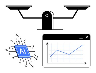 Yapay zeka mikroçipi, denge ölçeği ve veri grafiği teknoloji, etik ve ilerlemeyi temsil eder. Yenilik için ideal, yapay zeka, karar verme, denge analizi araştırma teknolojisi etiği