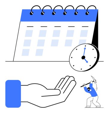 Mavi ve beyaz takvim. Sivri elli saat, açık el ve kazmalı bir madenci. Zaman yönetimi, üretkenlik, çaba, planlama, kaynak tahsisi iş hayatı için ideal